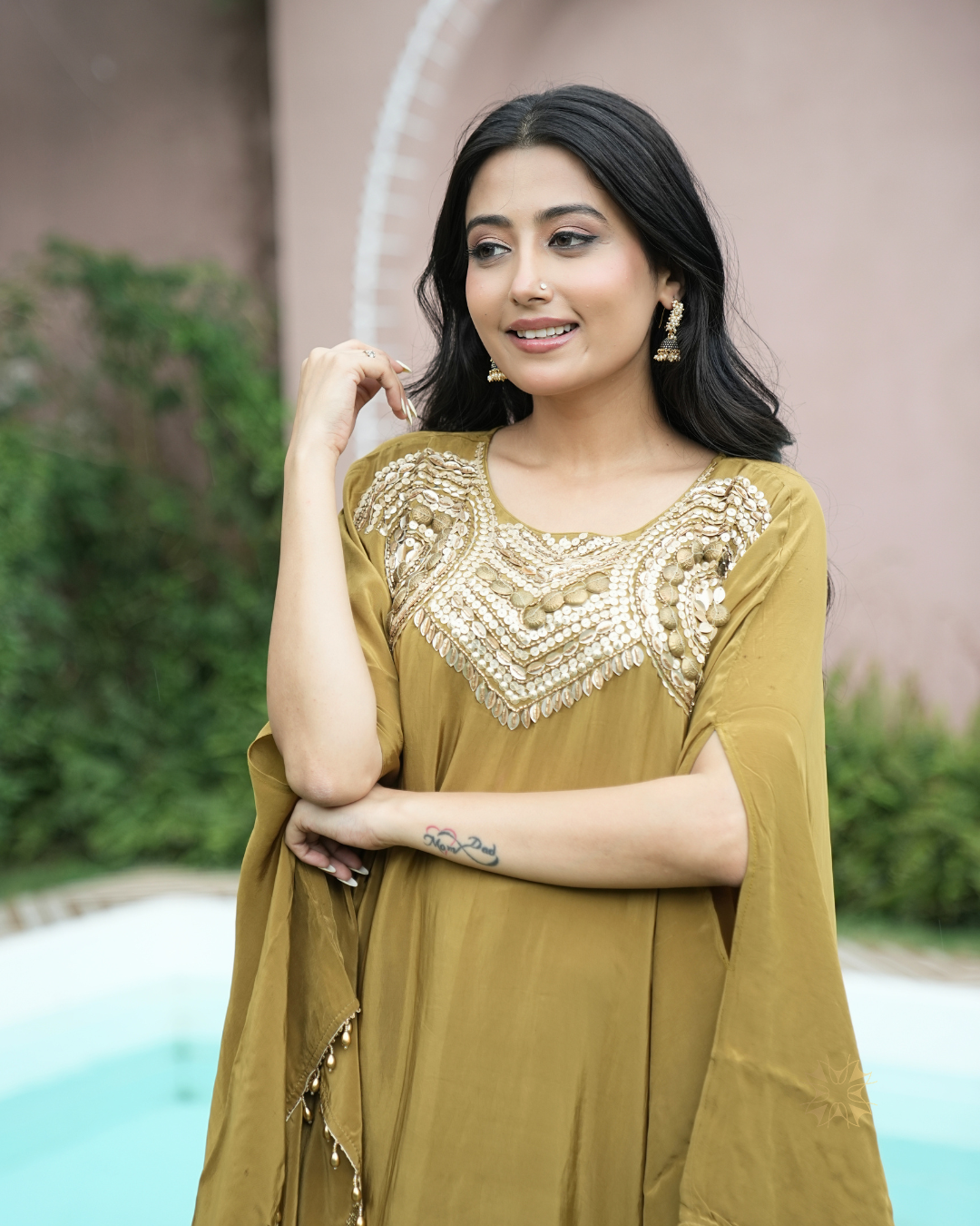 Saanjh — Olive Beaded Kaftan Co-ord Set
