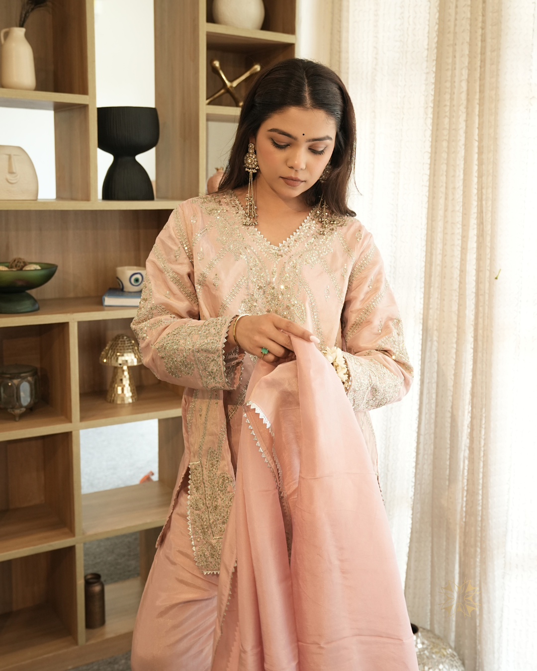 Noor — Peach Pink Sequin & Thread Tissue Sharara Set