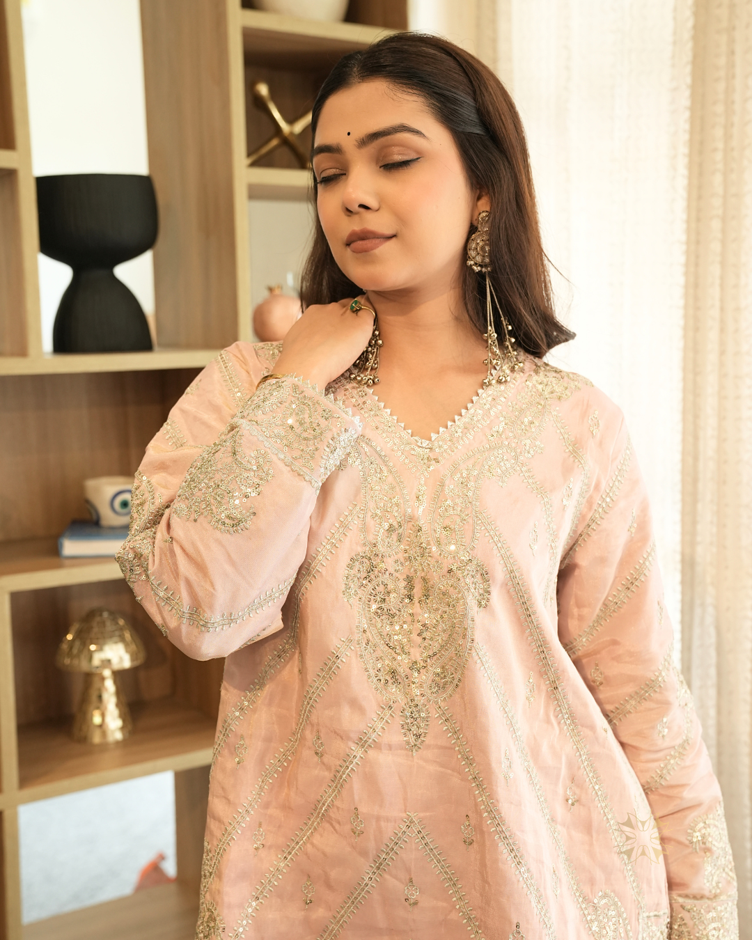 Noor — Peach Pink Sequin & Thread Tissue Sharara Set