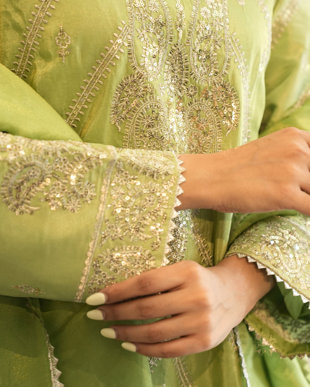 Mehar — Pistachio Green Sequin & Thread Tissue Sharara Set
