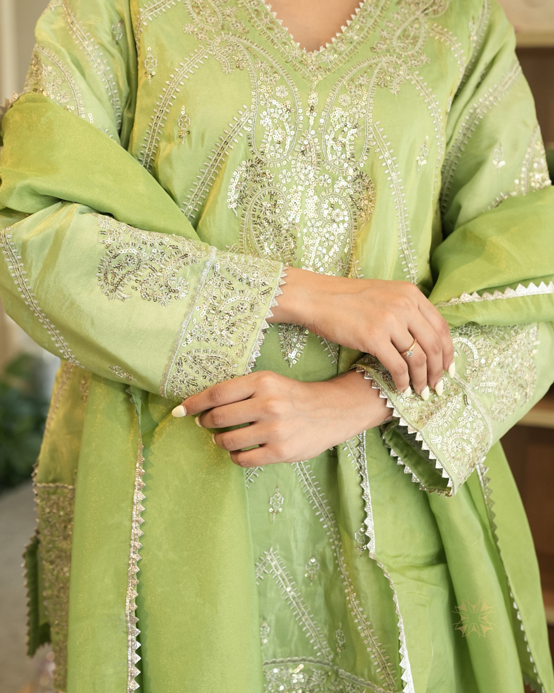 Mehar — Pistachio Green Sequin & Thread Tissue Sharara Set