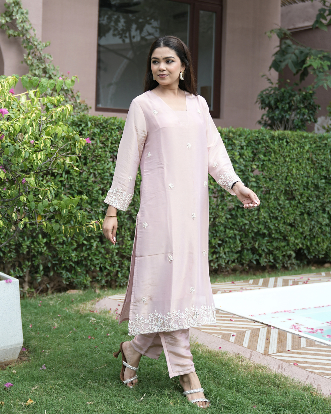 Malti — Petal Pink Pearl Tissue Straight Suit Set