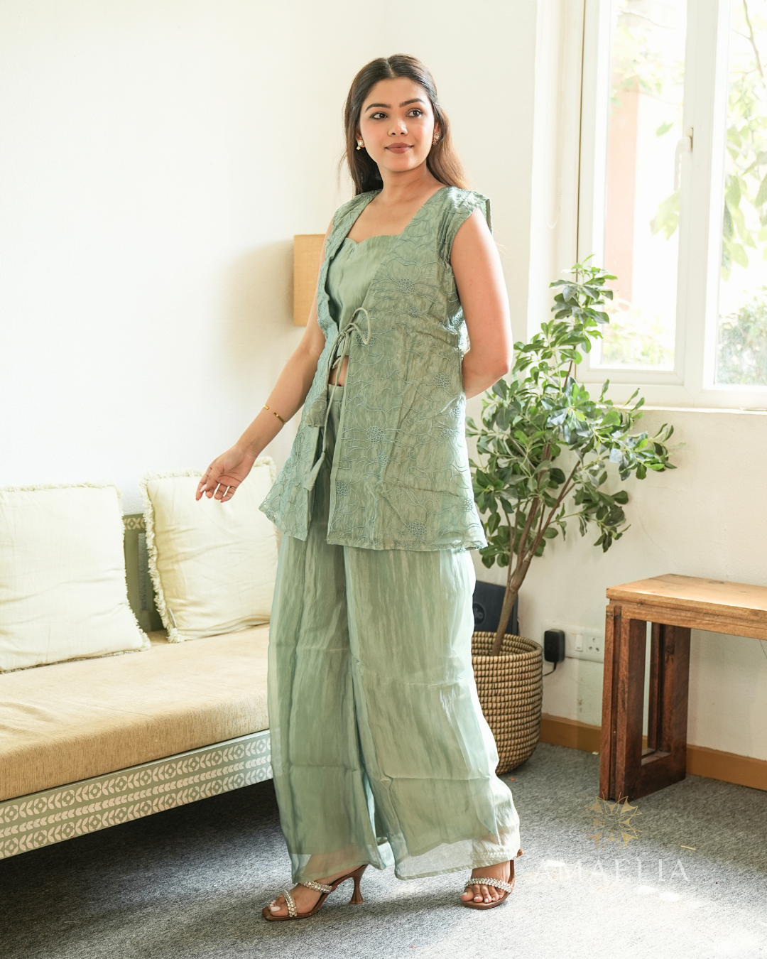 Agastya — Green Threadwork Organza Peplum Co-ord Set