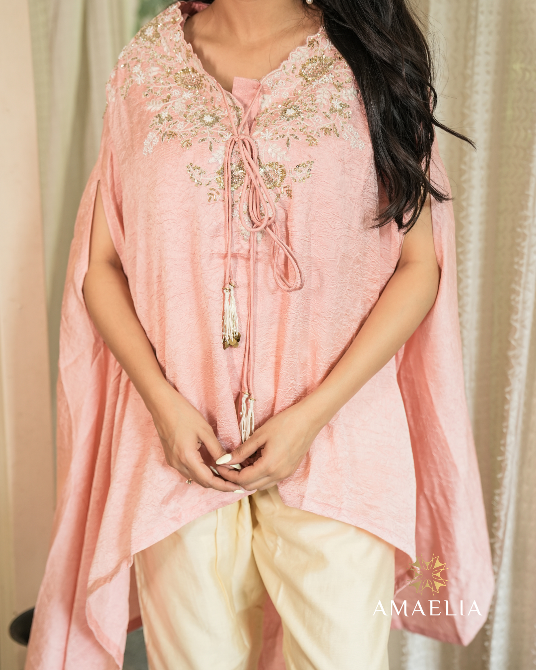 Dhak — Pink Embroidered Crushed Fabric Kaftan Co-ord Set