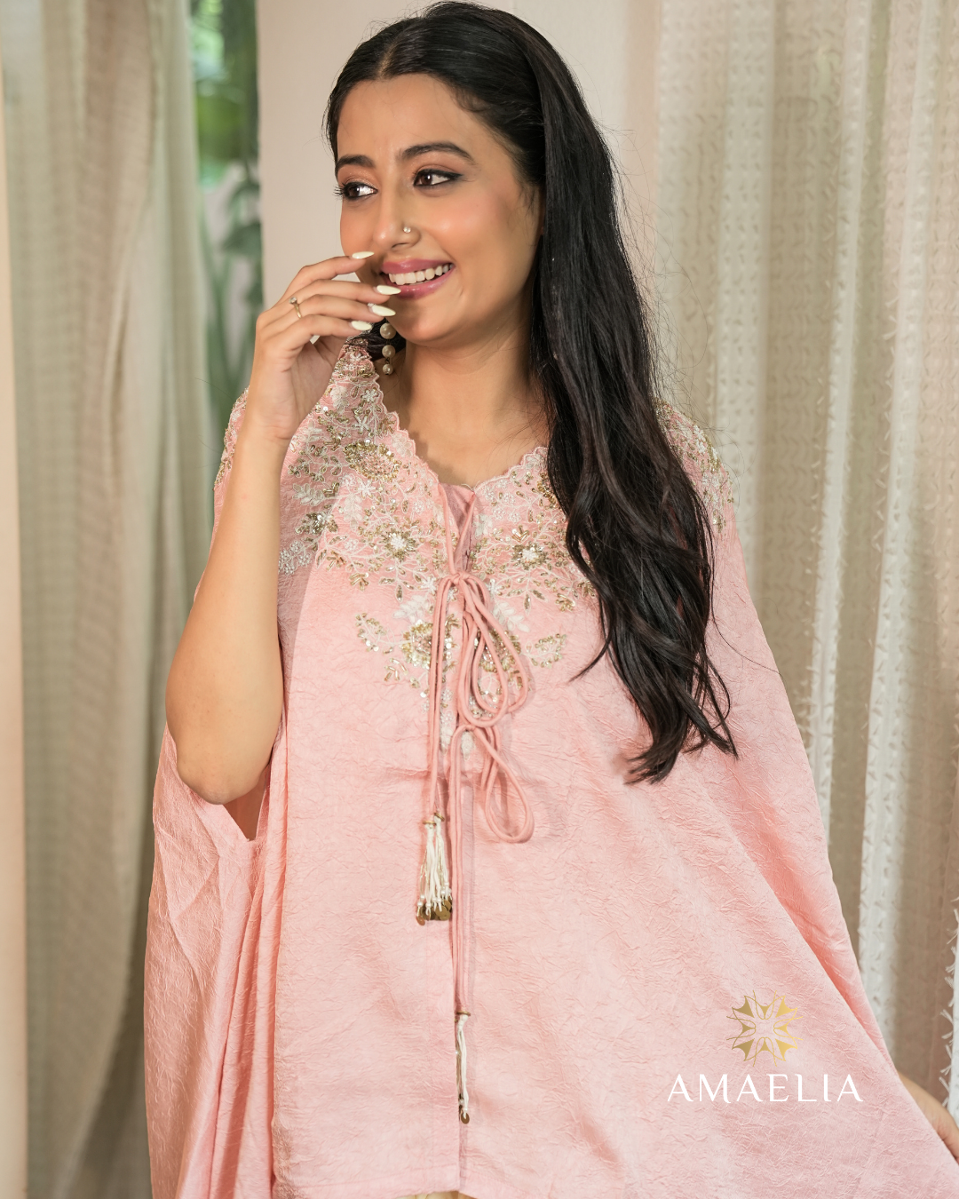 Dhak — Pink Embroidered Crushed Fabric Kaftan Co-ord Set