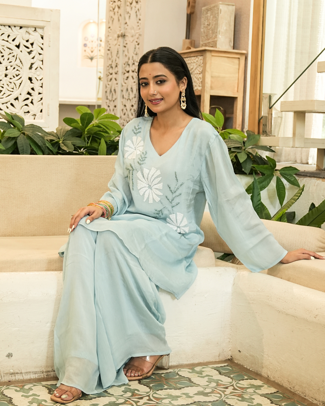 Aparajita — Ice Blue Pearl Chinon Co-ord Set