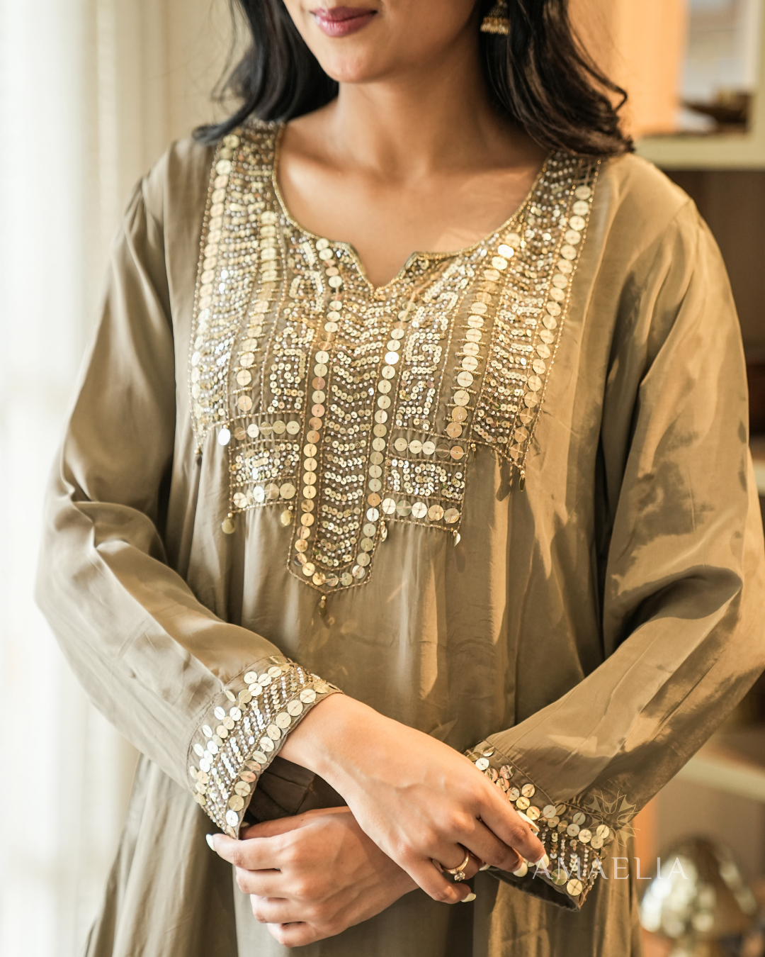Gulab — Mouse Pearl Crepe Kurta Set