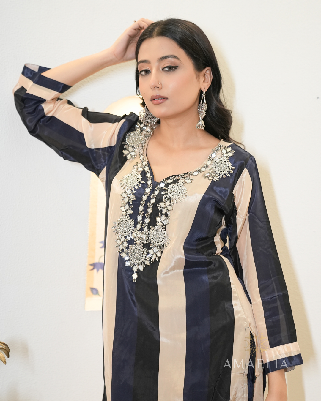 Neelkamal — Navy Blue Mirror Crepe Co-ord Set