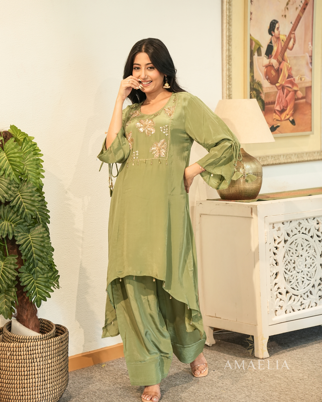 Naz — Sage Green Zardozi Kurta Set