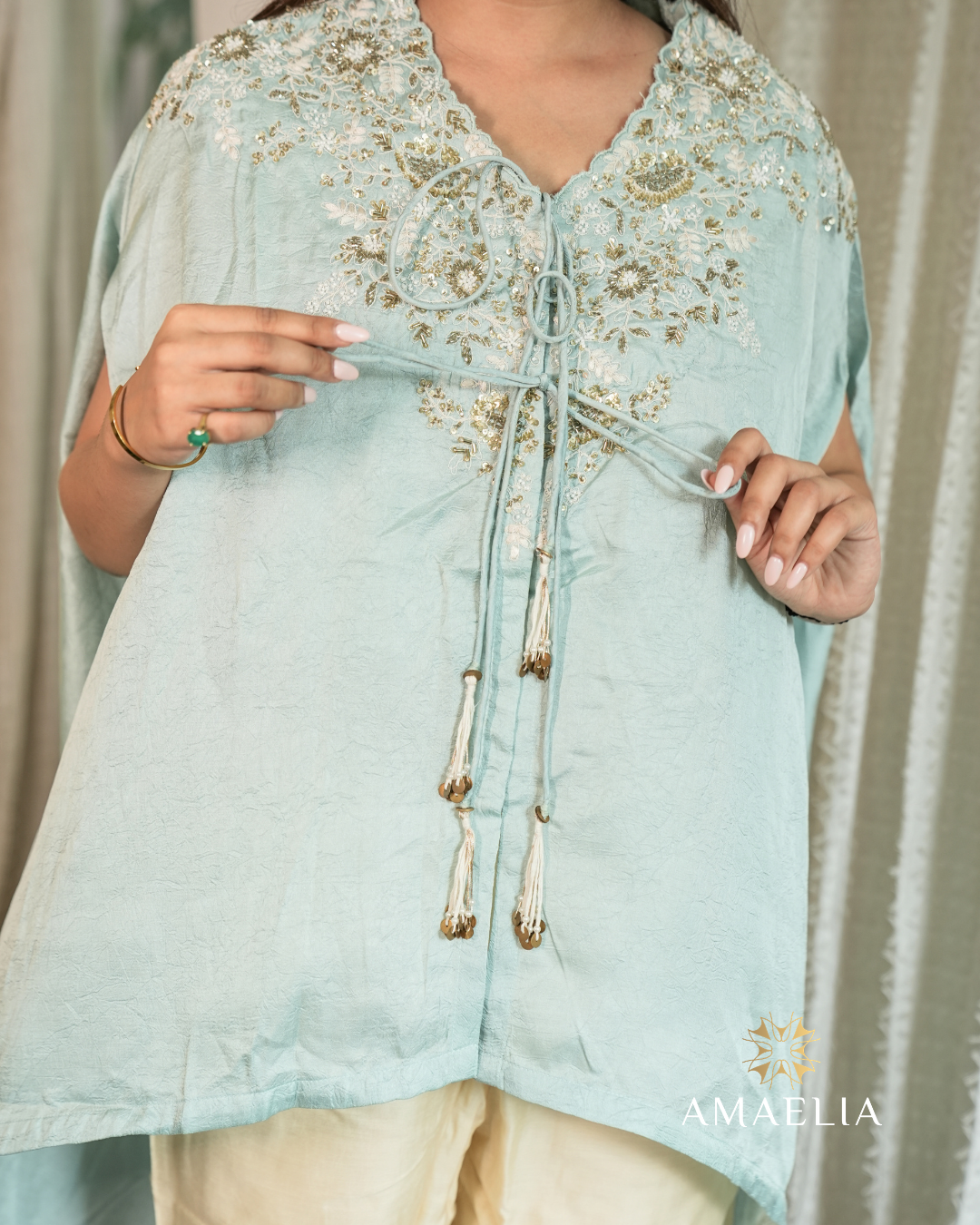 Nagkesar — Ice Blue Embroidered Crushed Fabric Kaftan Co-ord Set